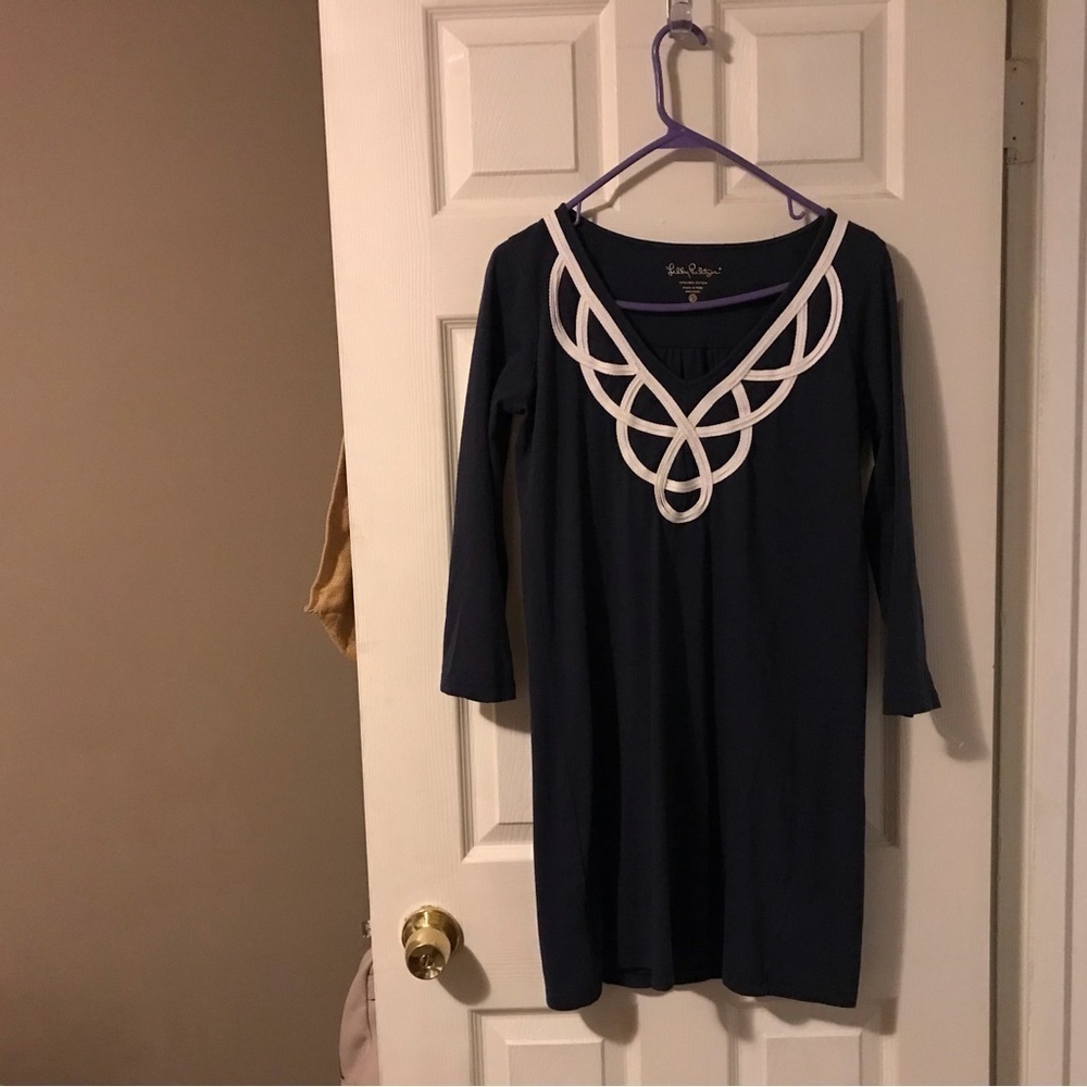 Lilly Pulitzer Blaire Cotton Shift Dress V Neck True Navy Size Small
